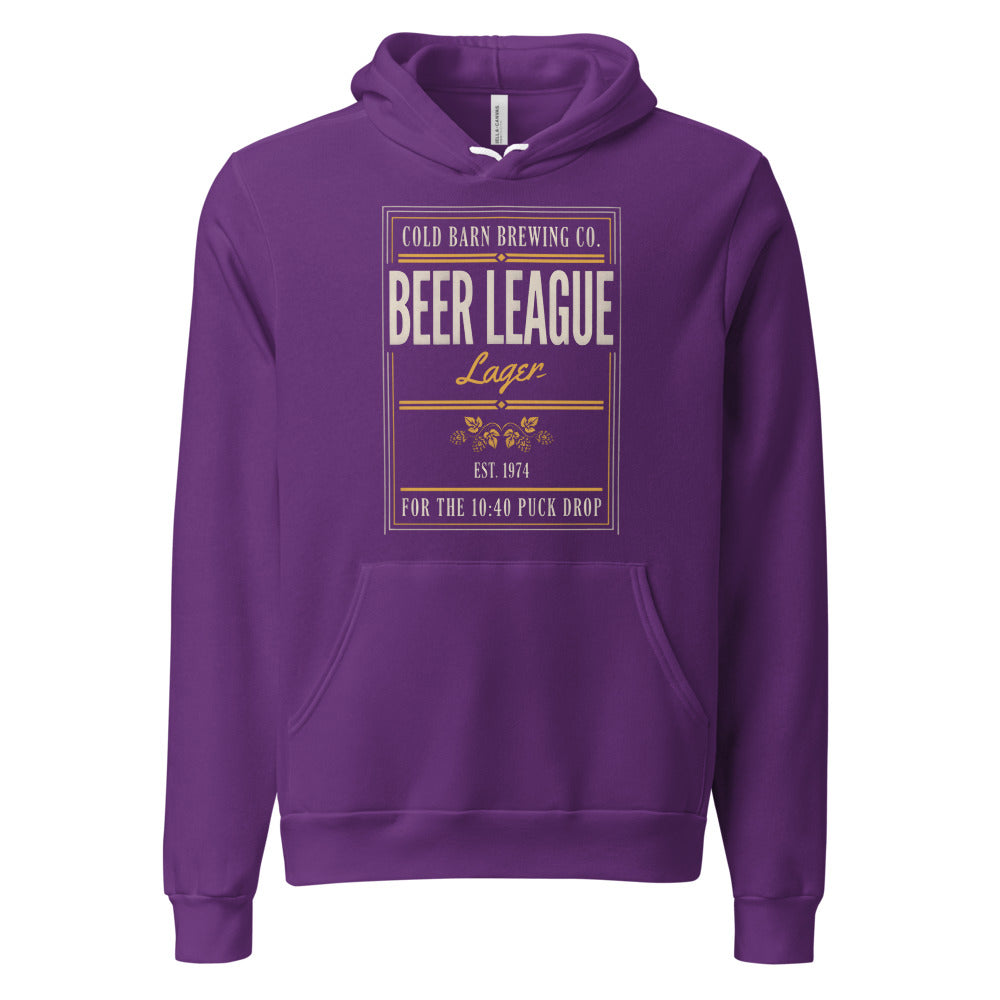 Beer League Cold Barn Brewing lager hoodie — Team Purple, front