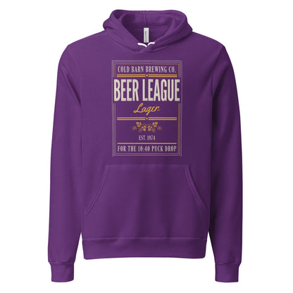 Beer League Cold Barn Brewing lager hoodie — Team Purple, front