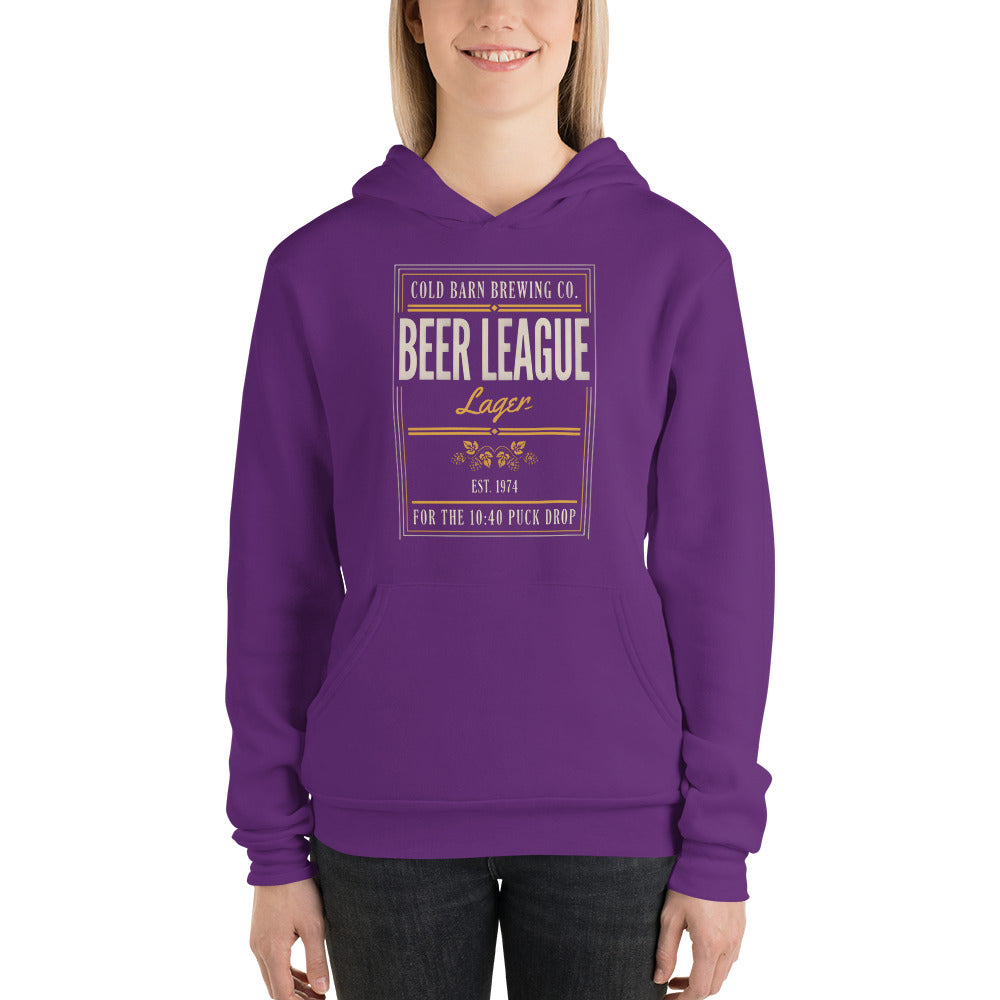 Beer League Cold Barn Brewing lager hoodie — Team Purple, on model