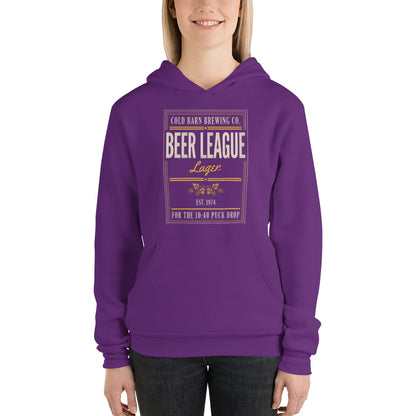 Beer League Cold Barn Brewing lager hoodie — Team Purple, on model