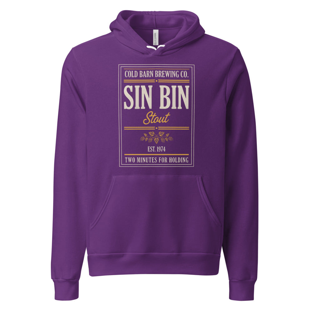 Beer League Sin Bin Stout brewery label hoodie — Team Purple, front