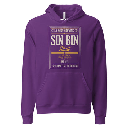 Beer League Sin Bin Stout brewery label hoodie — Team Purple, front