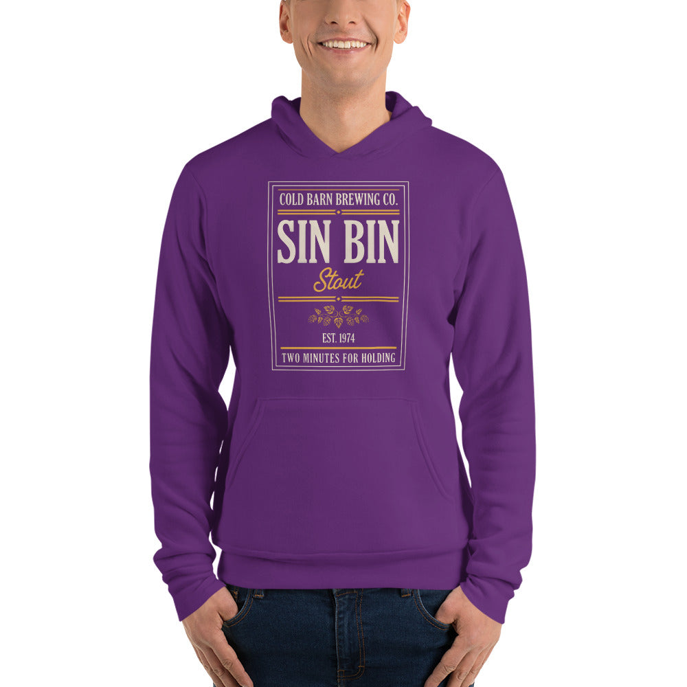 Beer League Sin Bin Stout brewery label hoodie — Team Purple, on model
