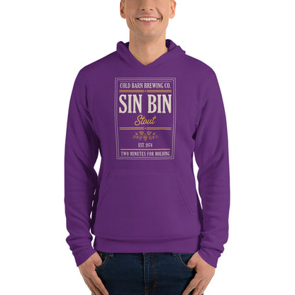 Beer League Sin Bin Stout brewery label hoodie — Team Purple, on model