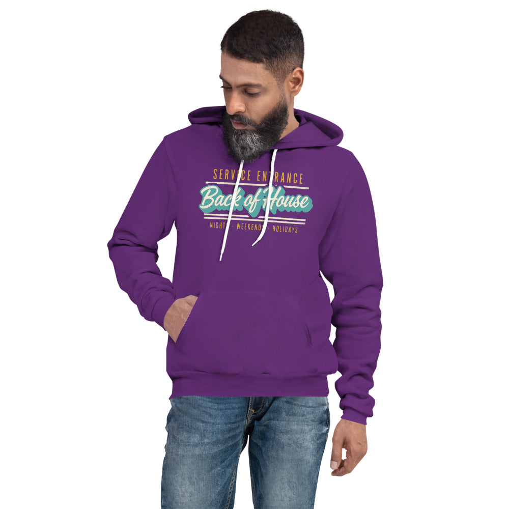 Line Cook Back of House retro diner service sign hoodie — Team Purple, on model