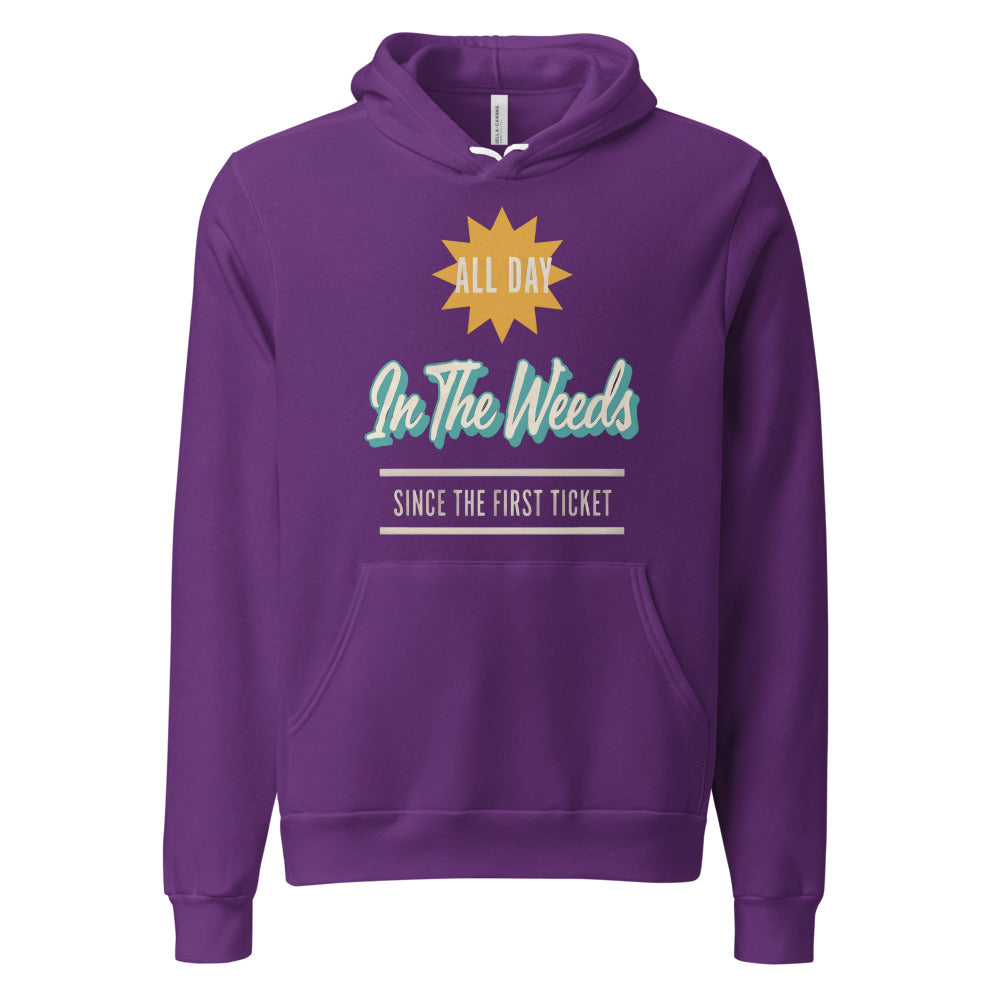 In The Weeds line cook retro diner service sign hoodie — Team Purple, front