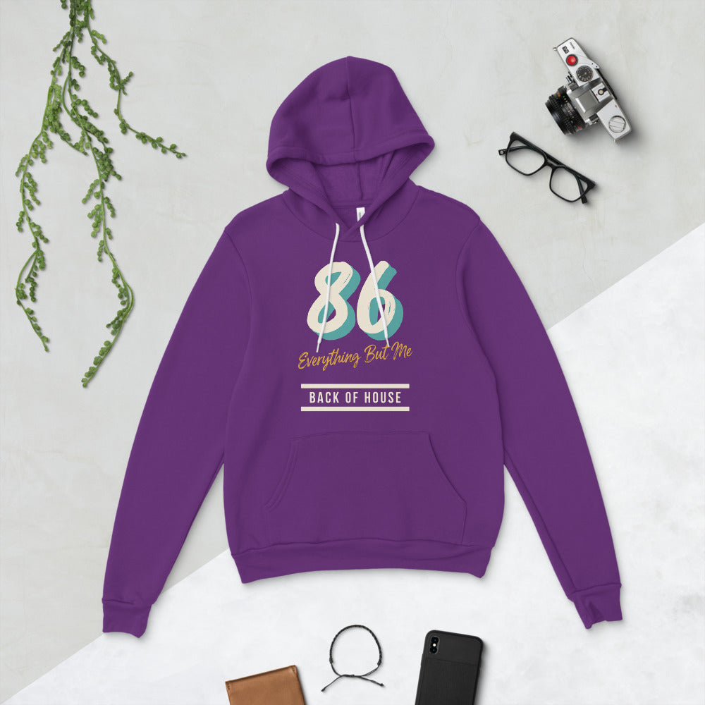 86 Everything But Me line cook back of house hoodie — Team Purple, flat lay