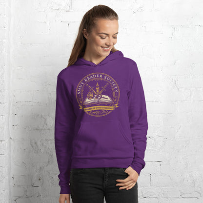 Smut Reader Society book lover dark academia hoodie — Team Purple, on model