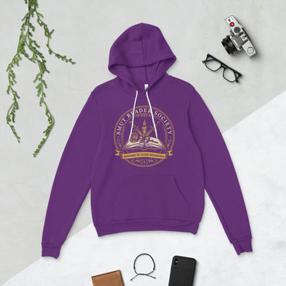 Smut Reader Society book lover dark academia hoodie — Team Purple, flat lay