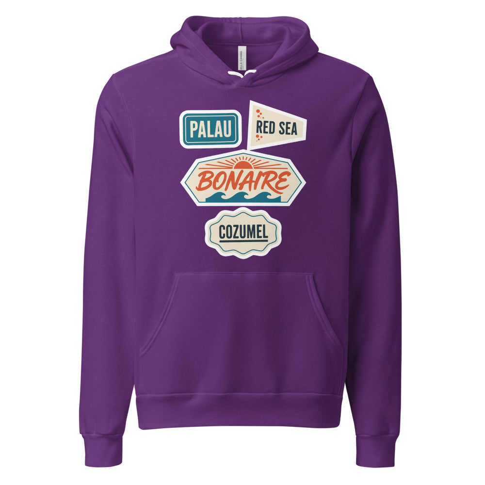 Vintage scuba diving dive sites travel decal hoodie — Team Purple, front