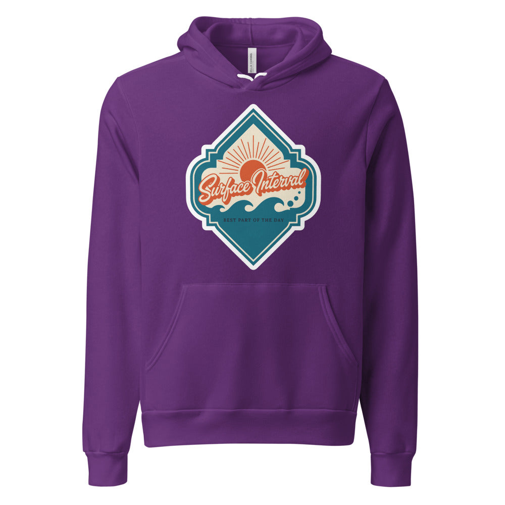Surface Interval vintage scuba diving travel decal hoodie — Team Purple, front
