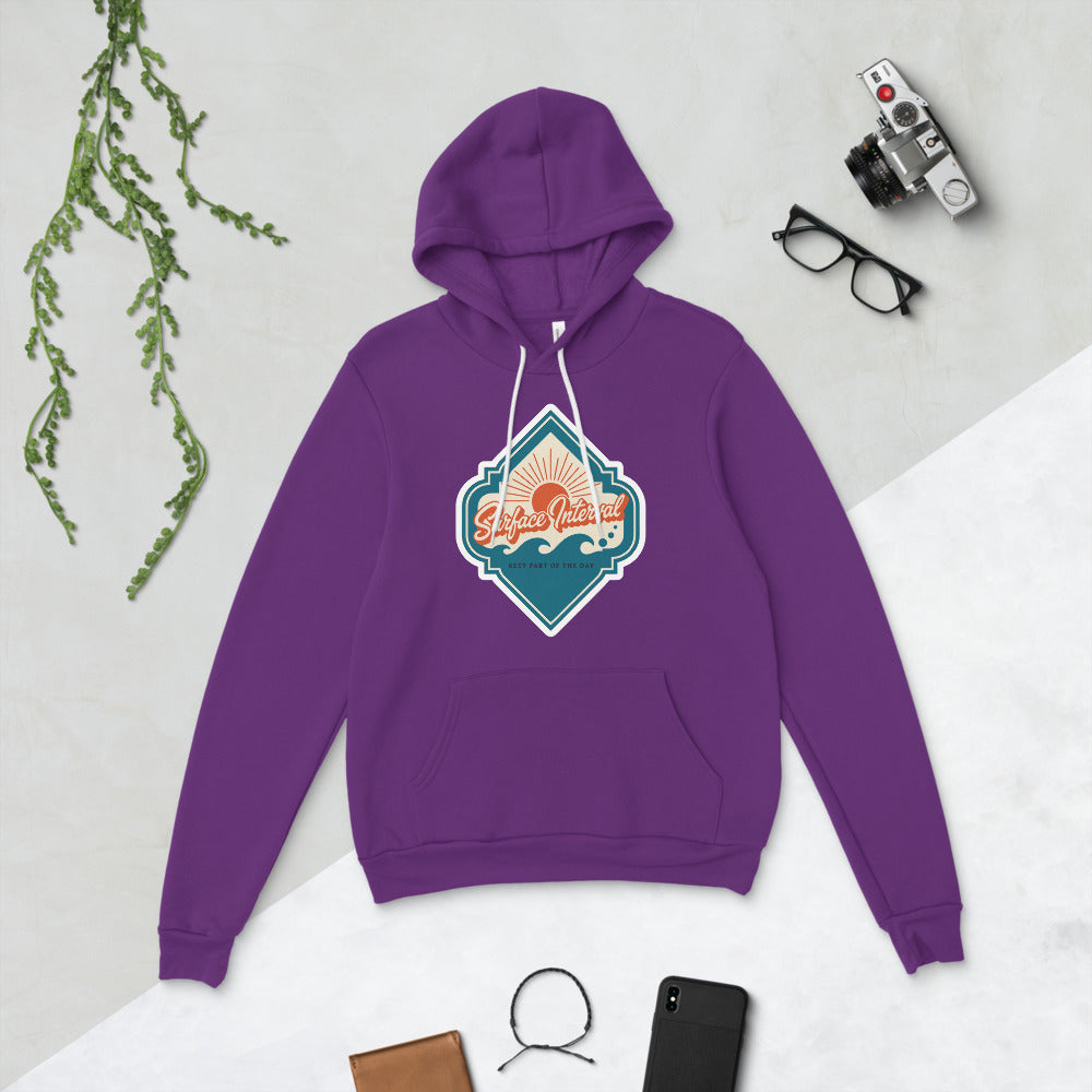 Surface Interval vintage scuba diving travel decal hoodie — Team Purple, flat lay