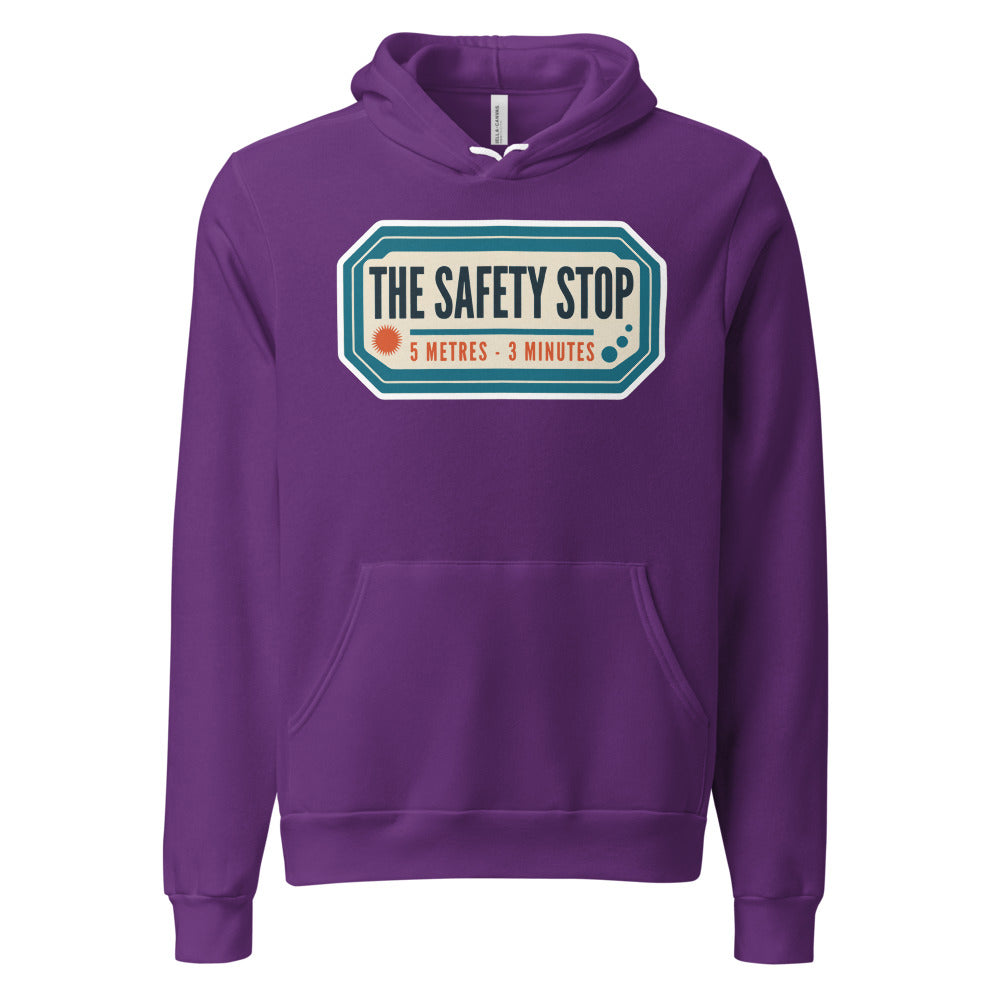 The Safety Stop vintage scuba diving travel decal hoodie — Team Purple, front