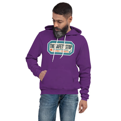 The Safety Stop vintage scuba diving travel decal hoodie — Team Purple, on model