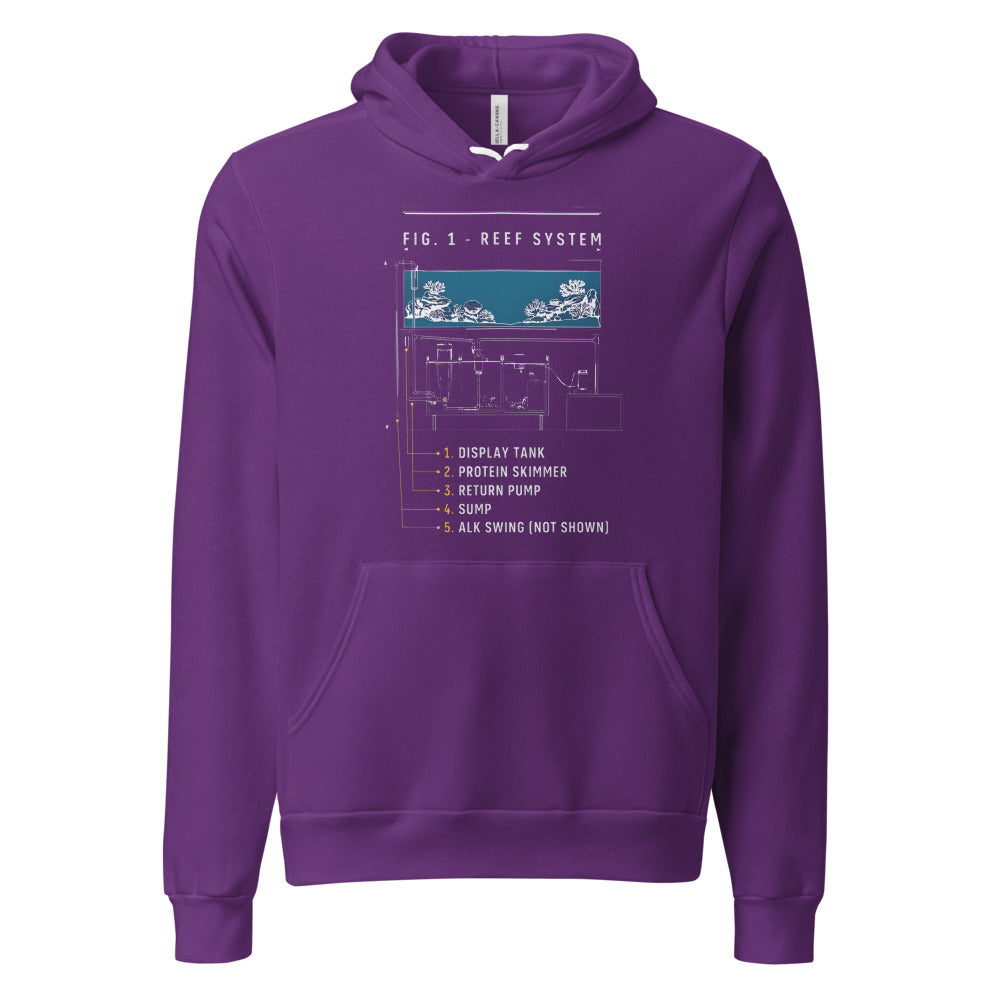 Reef System technical cutaway saltwater aquarium hoodie — Team Purple, front