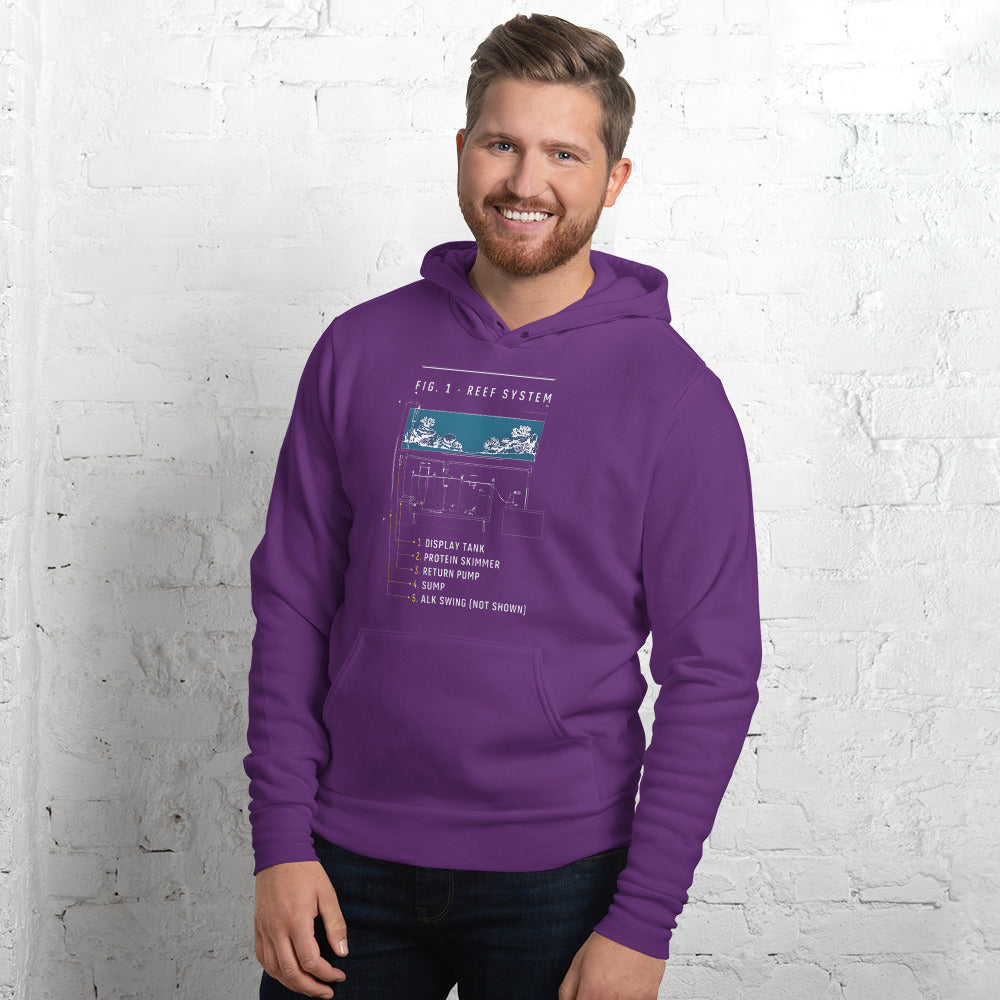 Reef System technical cutaway saltwater aquarium hoodie — Team Purple, on model