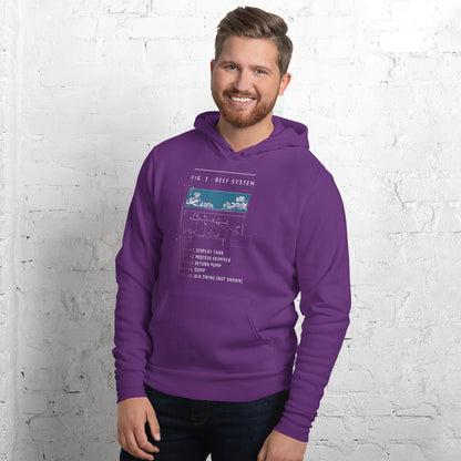 Reef System technical cutaway saltwater aquarium hoodie — Team Purple, on model