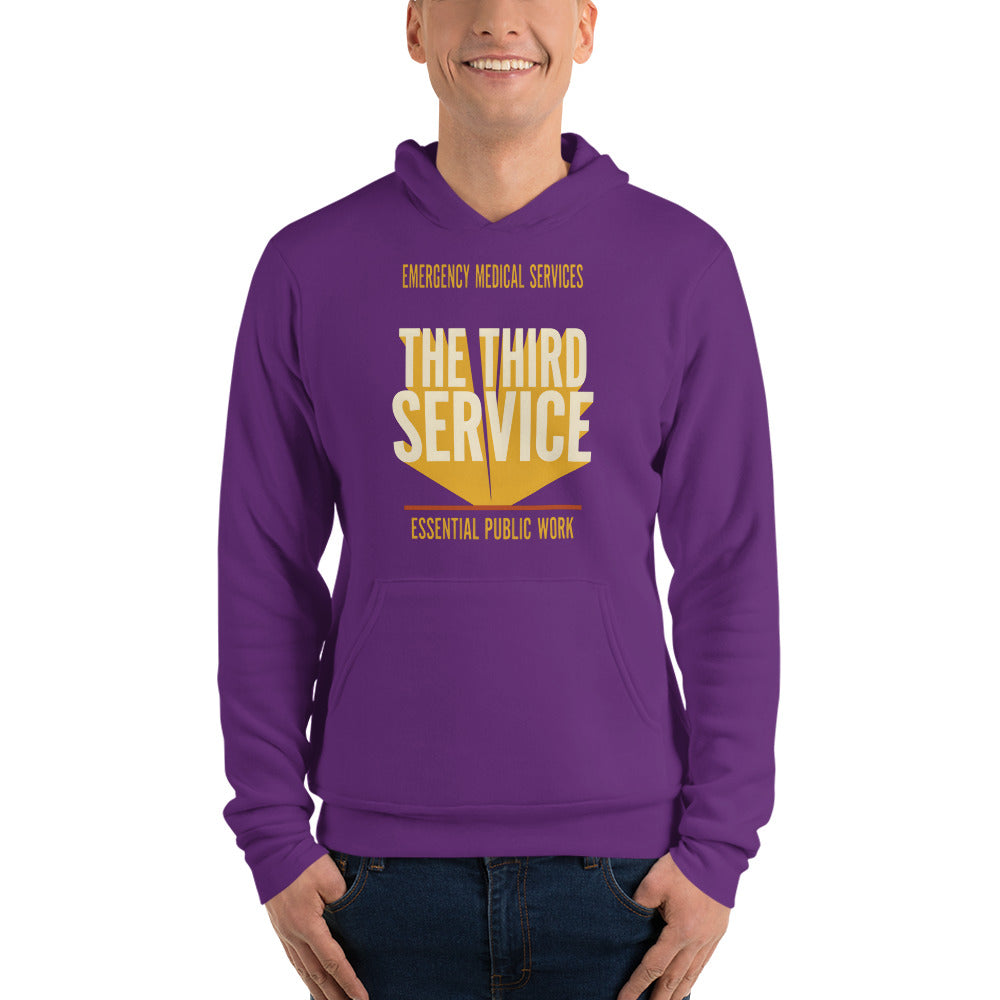 The Third Service EMS hoodie — Team Purple, on model