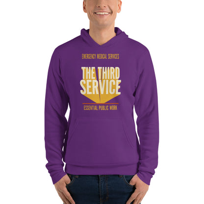 The Third Service EMS hoodie — Team Purple, on model