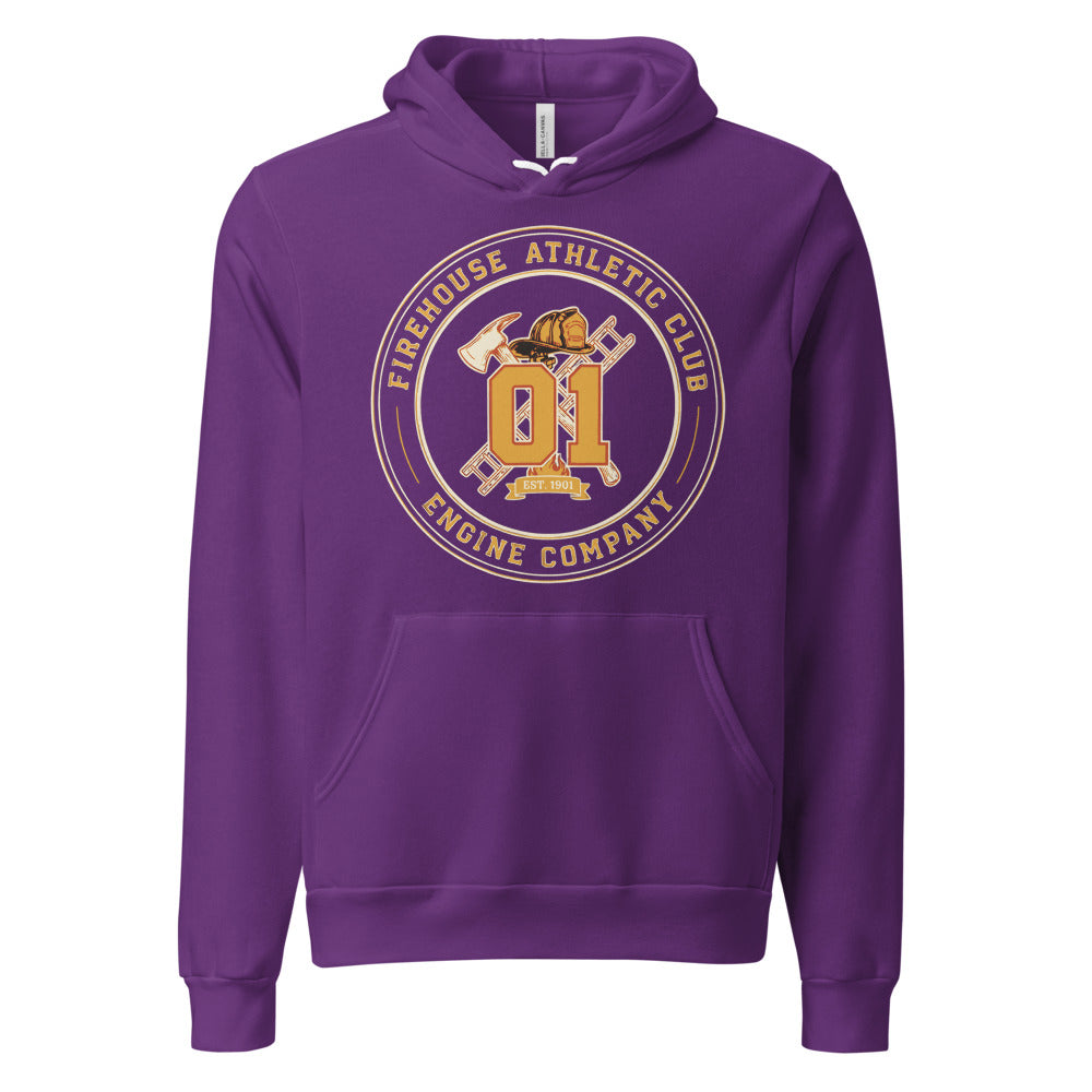 Firehouse Athletic Club retro firefighter emblem hoodie — Team Purple, front