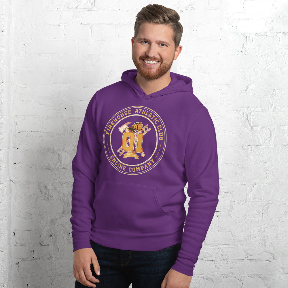Firehouse Athletic Club retro firefighter emblem hoodie — Team Purple, on model