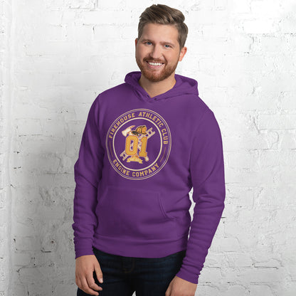 Firehouse Athletic Club retro firefighter emblem hoodie — Team Purple, on model