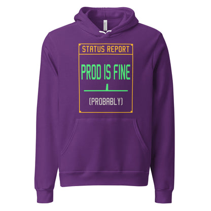 Prod Is Fine programmer hoodie — Team Purple, front