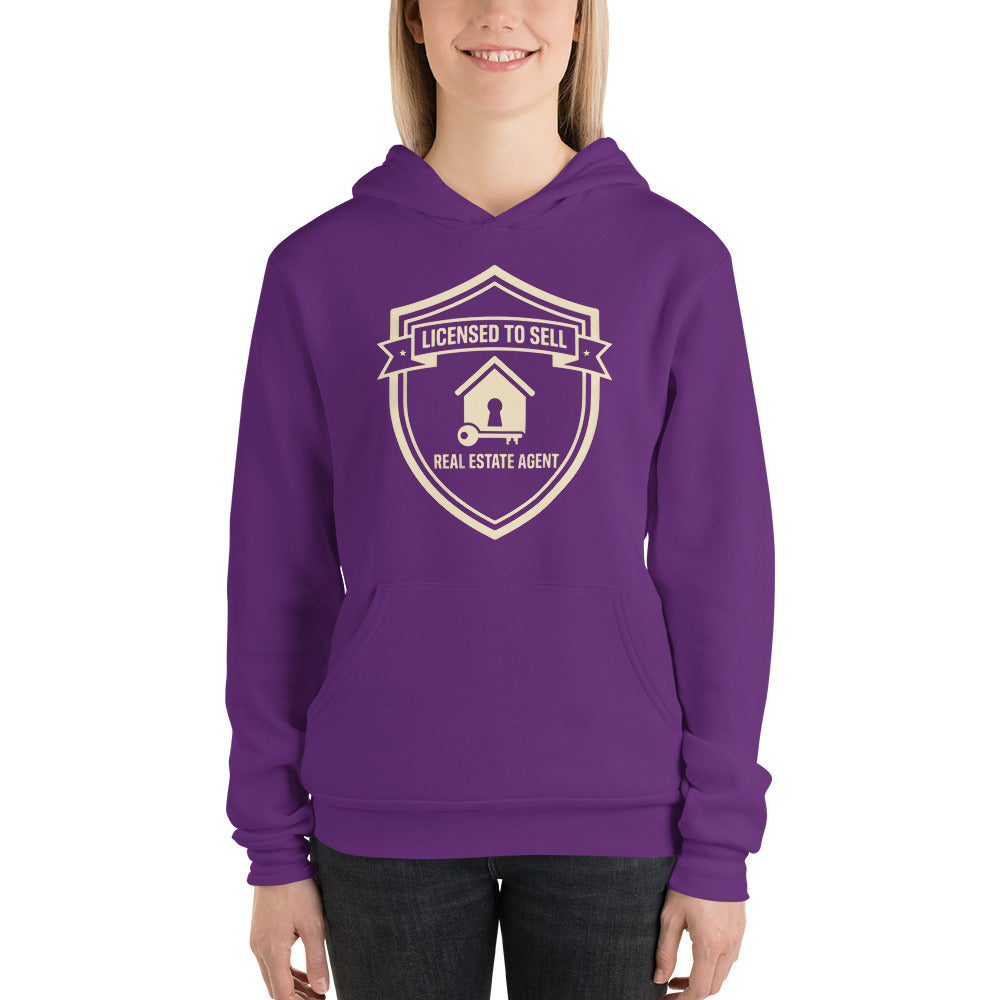 Licensed to Sell real estate agent hoodie — Team Purple, on model