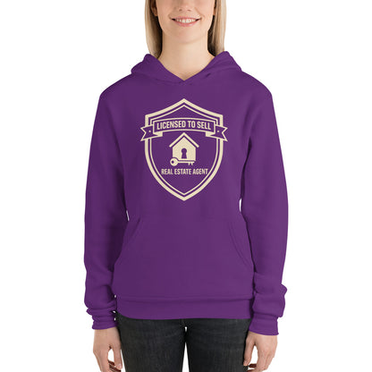Licensed to Sell real estate agent hoodie — Team Purple, on model