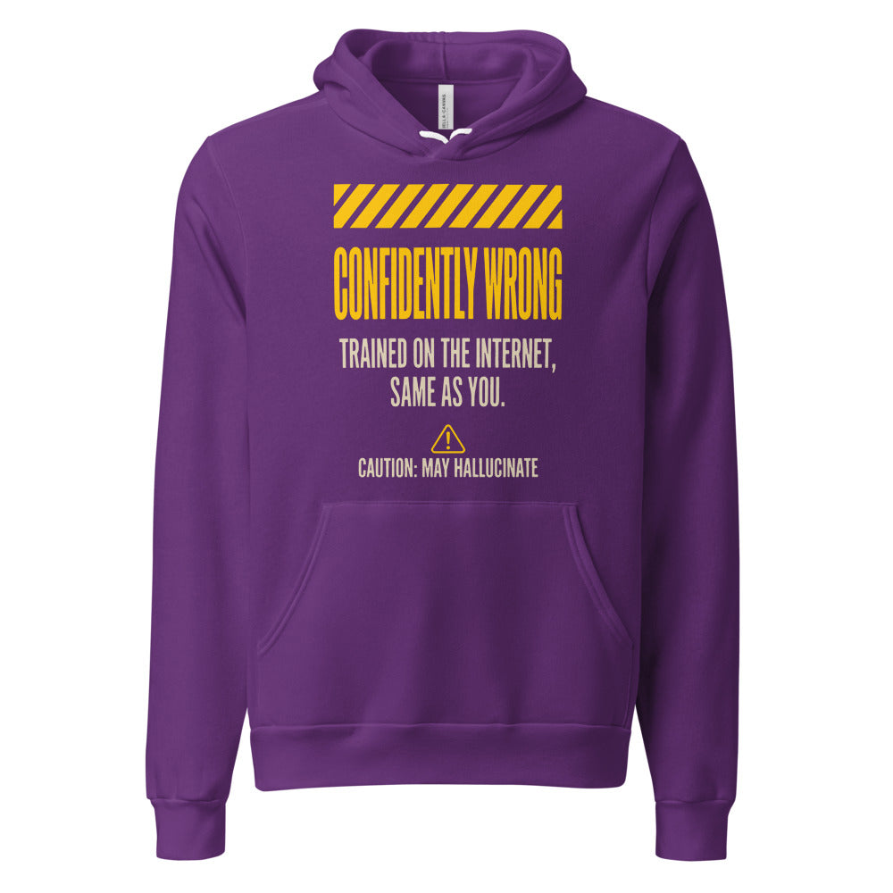 Confidently Wrong AI hazard-label pullover hoodie — Team Purple, front