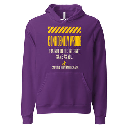 Confidently Wrong AI hazard-label pullover hoodie — Team Purple, front
