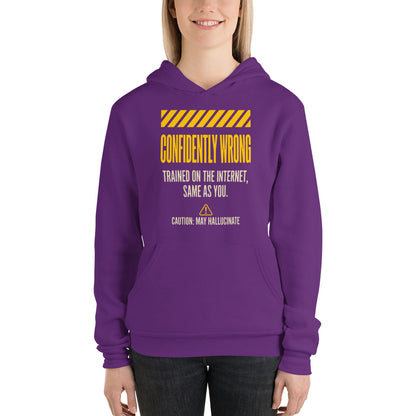 Confidently Wrong AI hazard-label pullover hoodie — Team Purple, on model