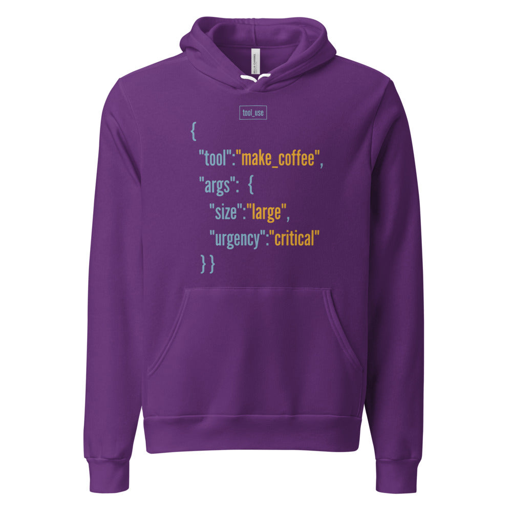Tool Call Make Coffee AI engineer hoodie — Team Purple, front