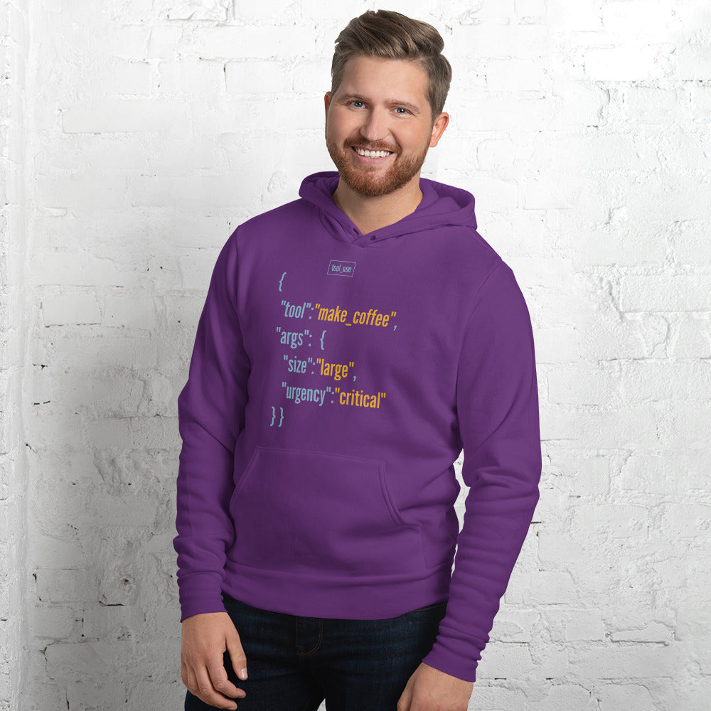 Tool Call Make Coffee AI engineer hoodie — Team Purple, on model