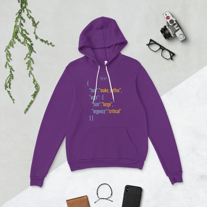 Tool Call Make Coffee AI engineer hoodie — Team Purple, flat lay