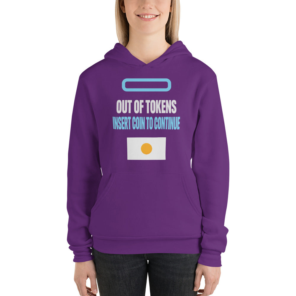 Insert Coin To Continue out of tokens hoodie — Team Purple, on model