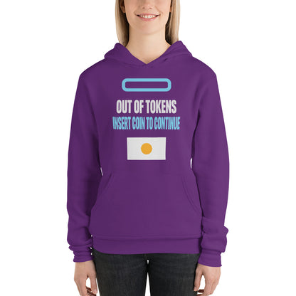Insert Coin To Continue out of tokens hoodie — Team Purple, on model
