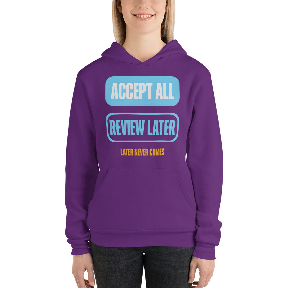 Accept All Review Later hoodie — Team Purple, on model
