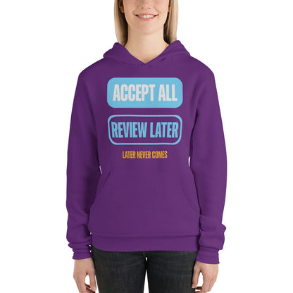 Accept All Review Later hoodie — Team Purple, on model