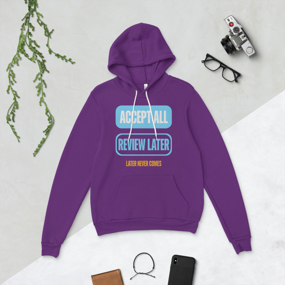 Accept All Review Later hoodie — Team Purple, flat lay