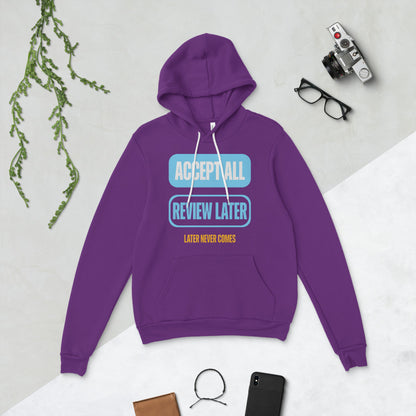 Accept All Review Later hoodie — Team Purple, flat lay