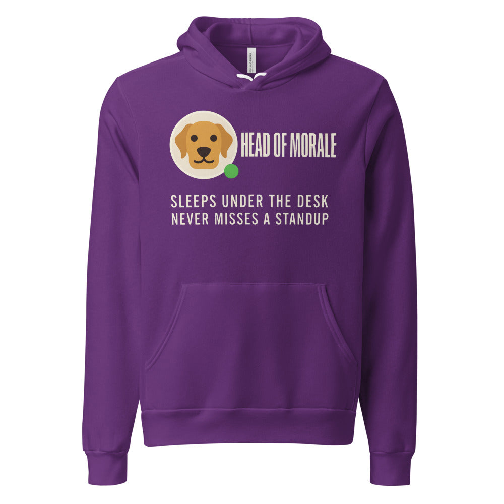 Head of Morale dog profile card unisex hoodie — Team Purple, front