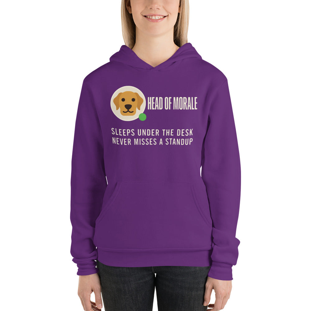 Head of Morale dog profile card unisex hoodie — Team Purple, on model