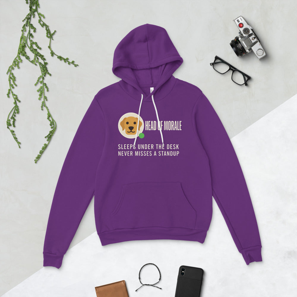 Head of Morale dog profile card unisex hoodie — Team Purple, flat lay
