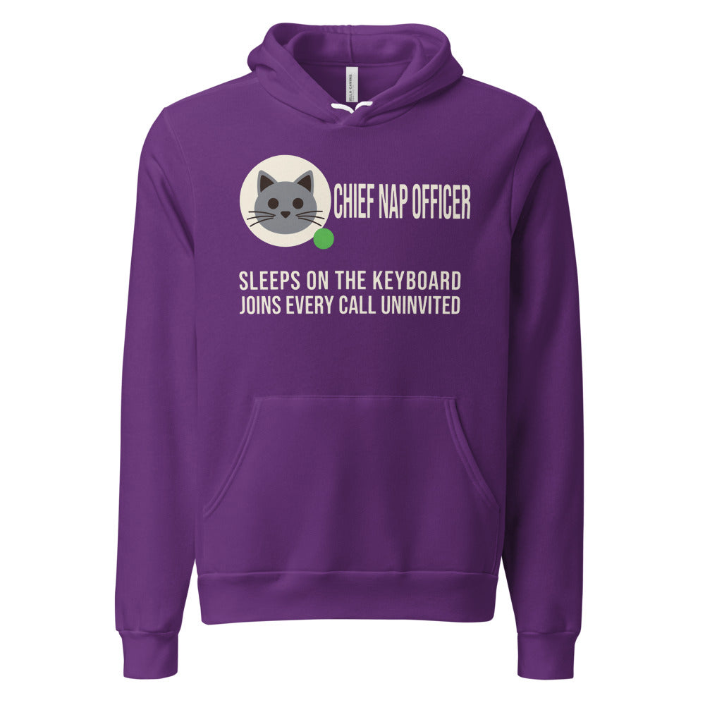 Chief Nap Officer cat profile card unisex hoodie — Team Purple, front