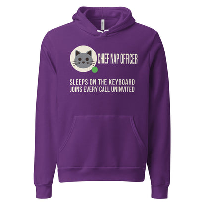 Chief Nap Officer cat profile card unisex hoodie — Team Purple, front