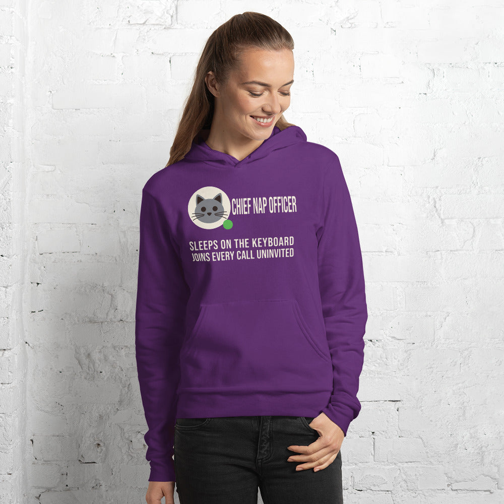 Chief Nap Officer cat profile card unisex hoodie — Team Purple, on model