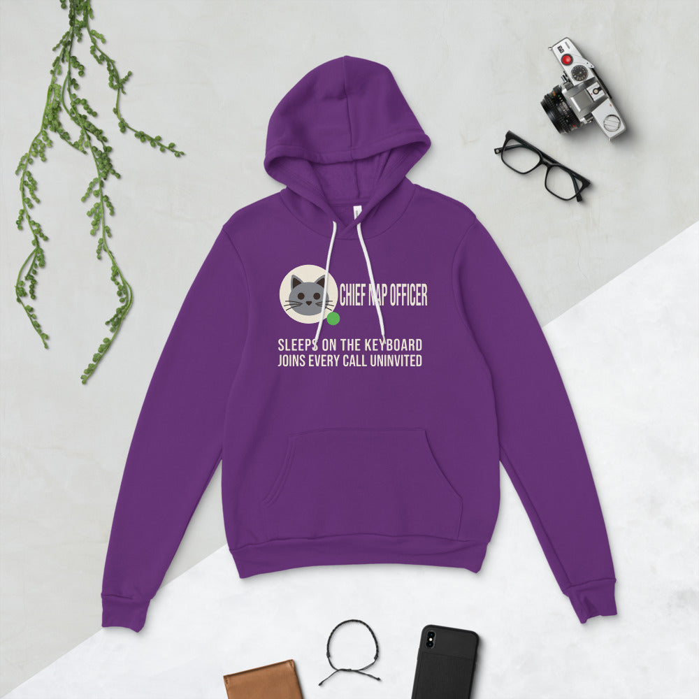 Chief Nap Officer cat profile card unisex hoodie — Team Purple, flat lay