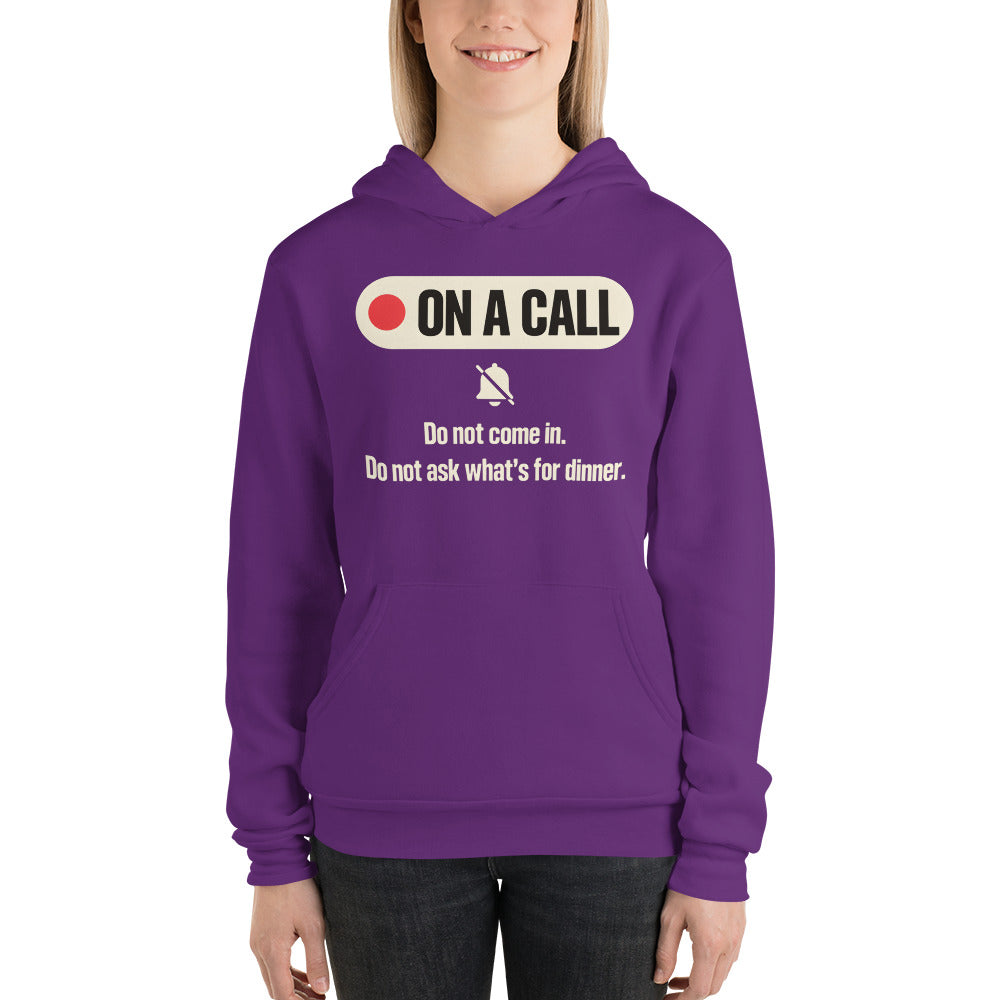 On A Call do not disturb status unisex hoodie — Team Purple, on model