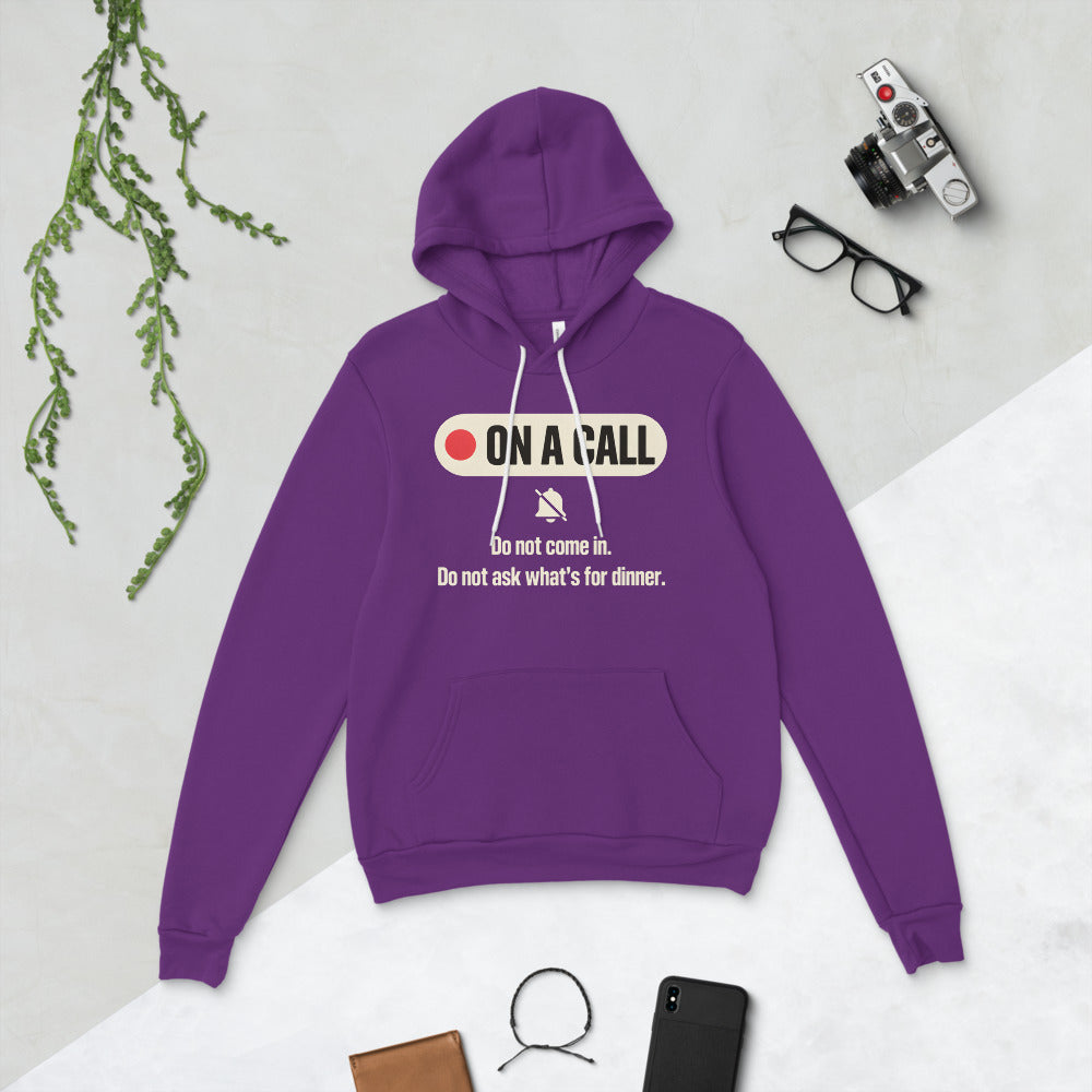 On A Call do not disturb status unisex hoodie — Team Purple, flat lay
